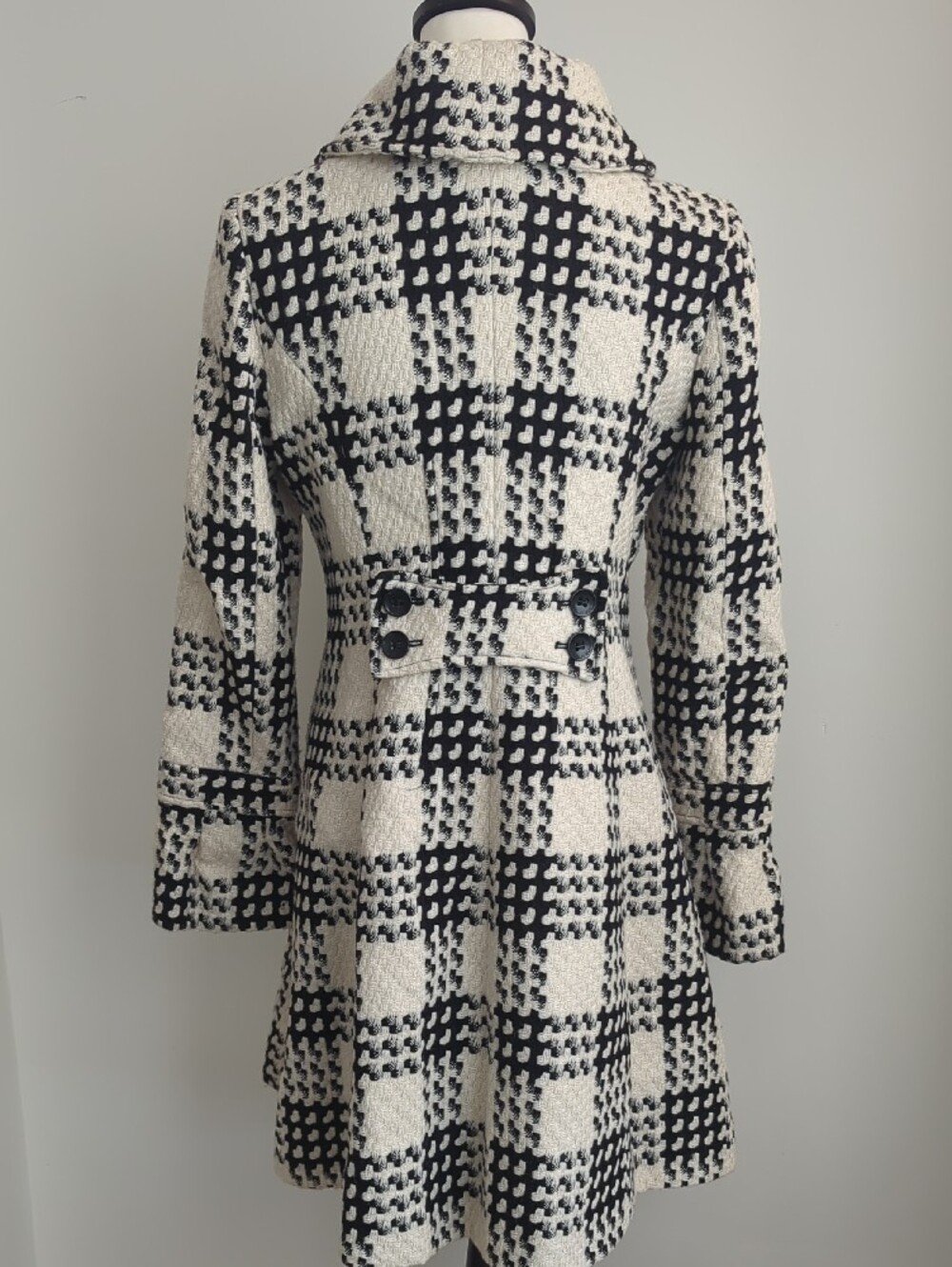 Via Spiga Vintage Monochrome Plaid Flared Skirt Bell Sleeve Winter Peacoat - Picture 7 of 13